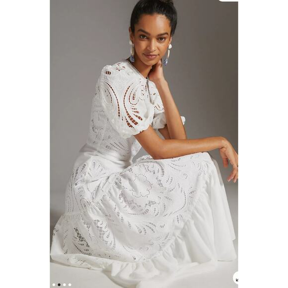 Shoshanna Midnight Bright White Eyelet Puff-Sleeve Maxi Dress Size 8 - Picture 3 of 16